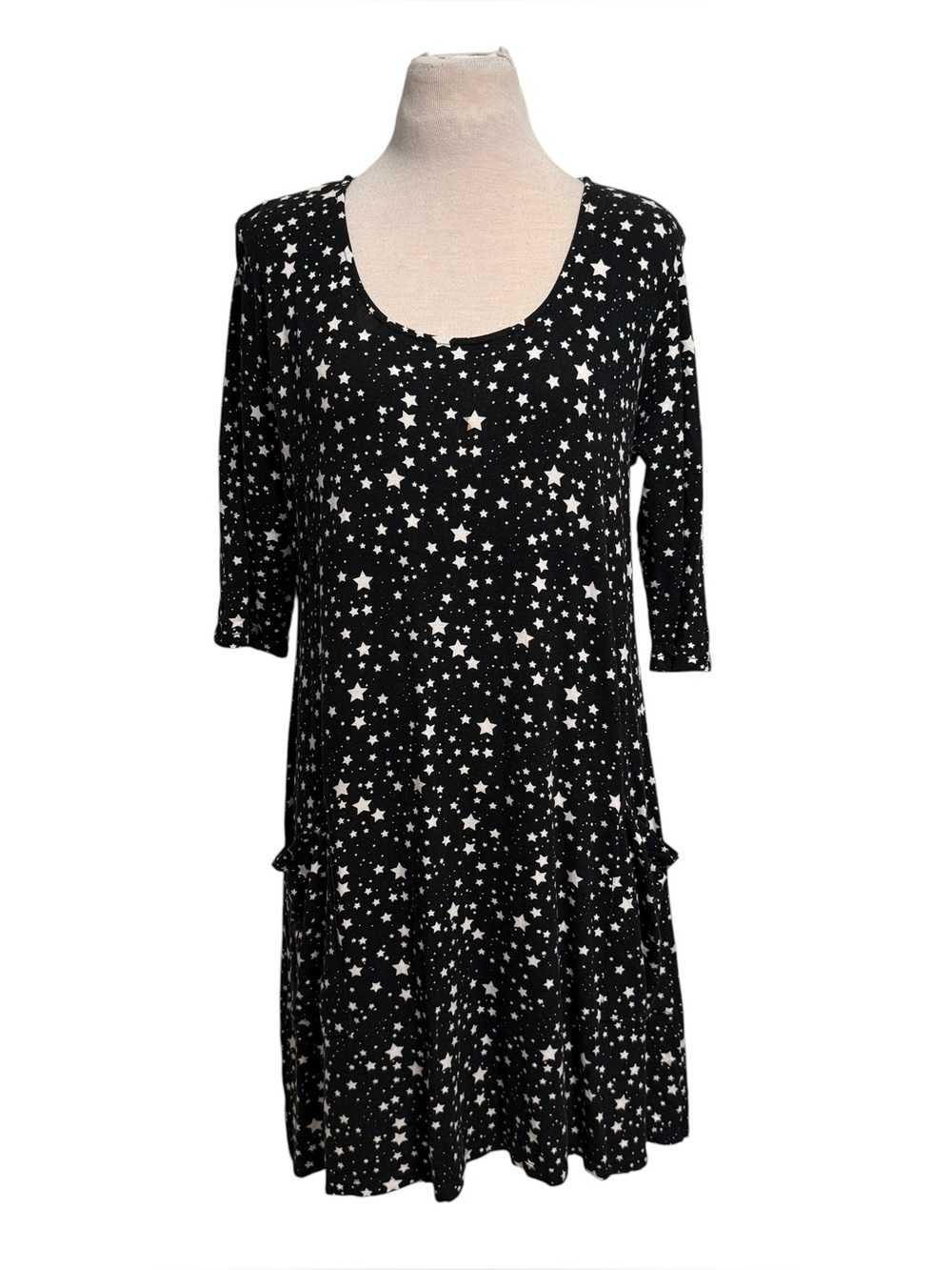Ava Sky Dress Shaw A-line 3/4 sleeve pockets Star Black White READ ALL! Large